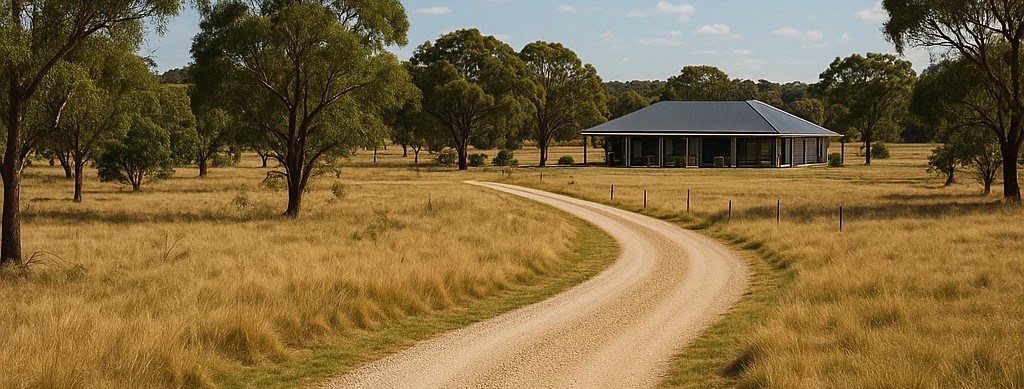 Crushed rock driveway leads up to a farmhouse in a Victorian rural property