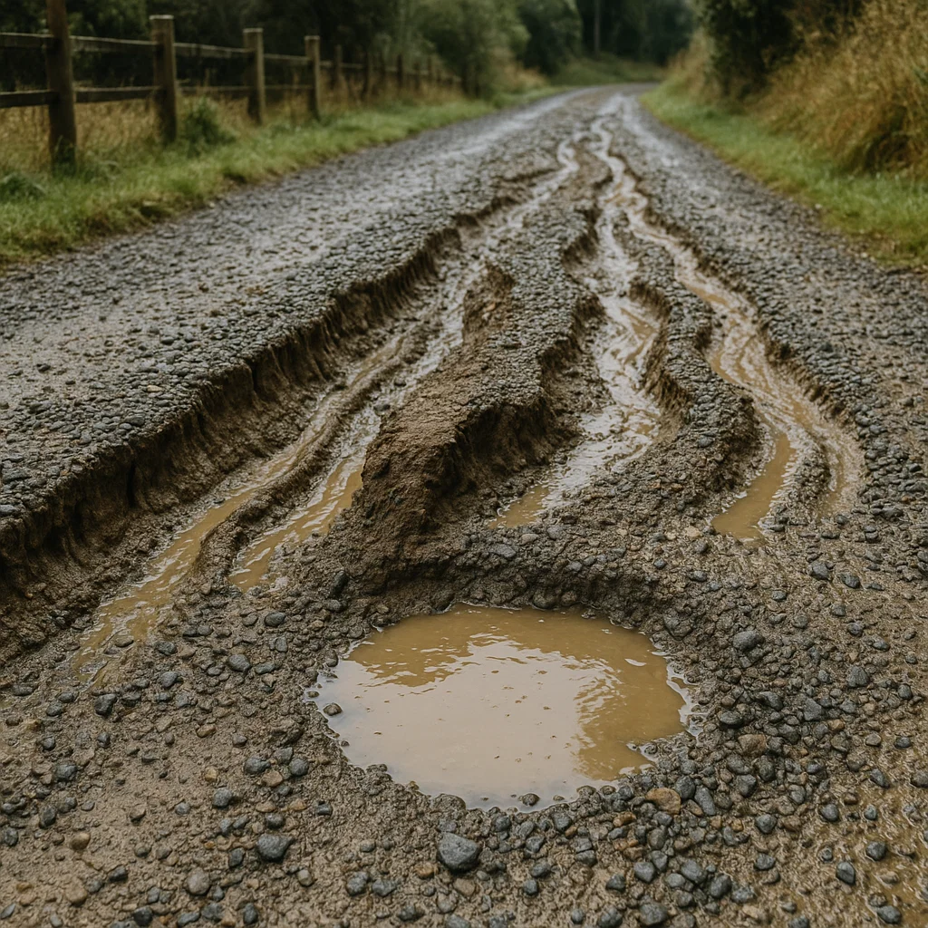 Eroded gravel driveway in Central Victoria after heavy rain, showing deep ruts and washed-away crushed rock, highlighting the need for professional drainage trenching.