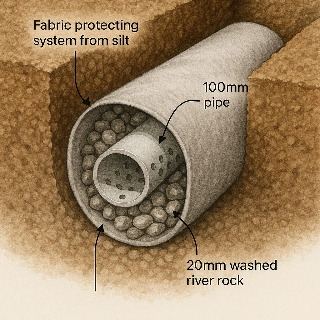 Cross-section diagram of a French drain trench for a gravel driveway, showing perforated pipe, drainage gravel, and geotextile fabric wrapping.
